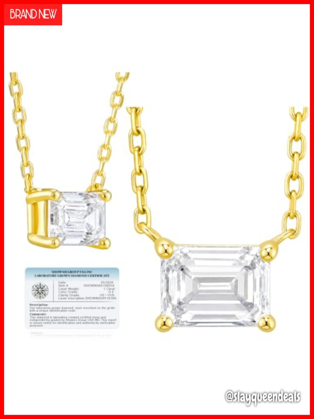 Emerald Cut Lab Grown Diamond Pendant Necklace 14k Gold Plated S925 Silver